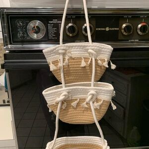 Woven Hanging Basket Set in White and Tan